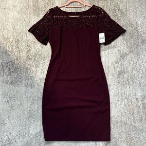 SLNY Burgundy Midi Dress with Lace Overlay